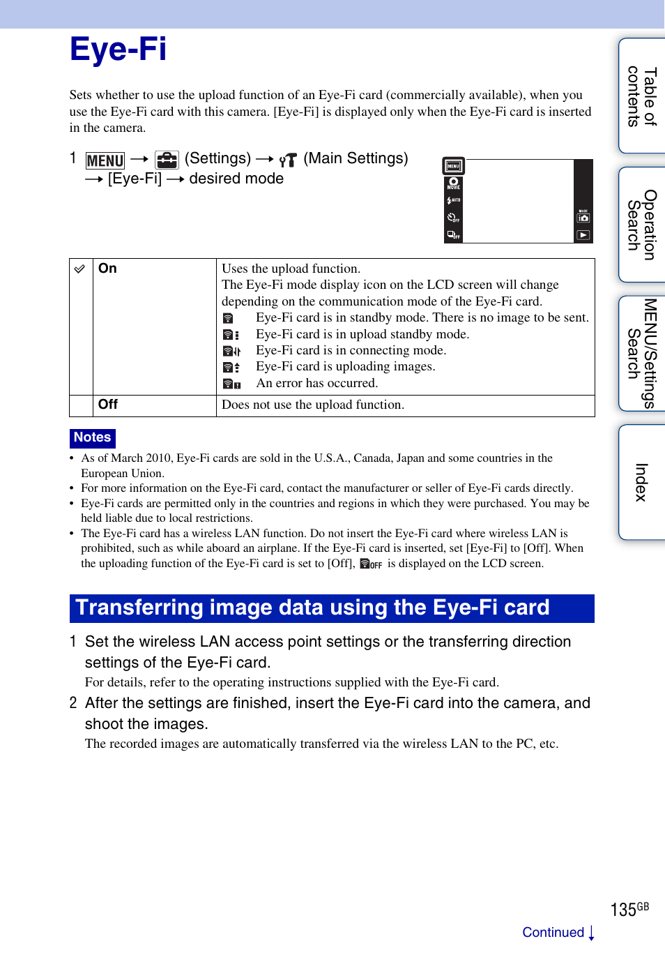 Eye-fi, Transferring image data using the eye-fi card | Sony DSC-TX9 User Manual | Page 135 / 190