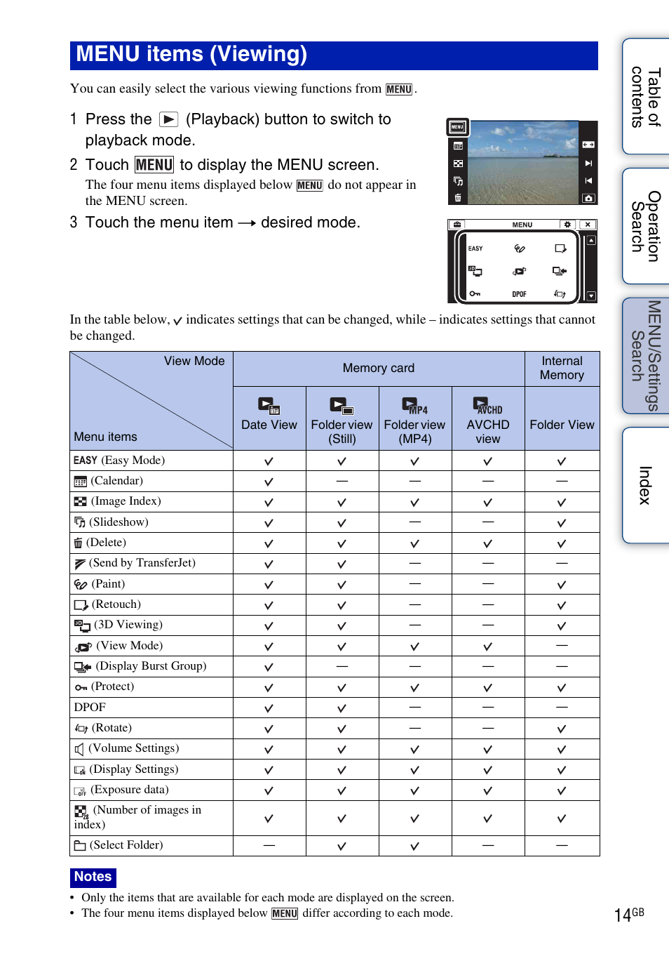 Menu items (viewing), 3 touch the menu item t desired mode | Sony DSC-TX9 User Manual | Page 14 / 190