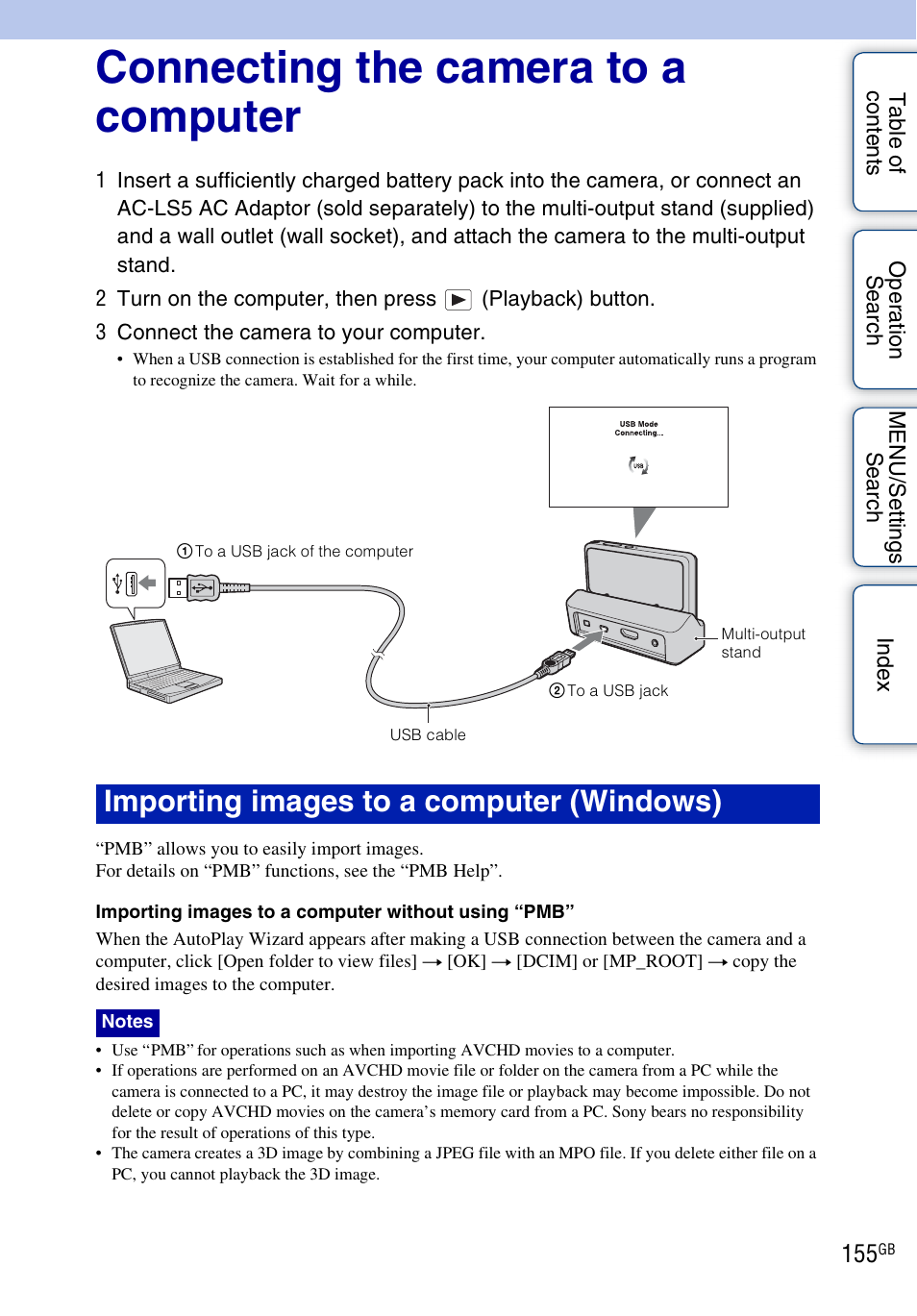 Connecting the camera to a computer, 155 wit, Importing images to a computer (windows) | Sony DSC-TX9 User Manual | Page 155 / 190