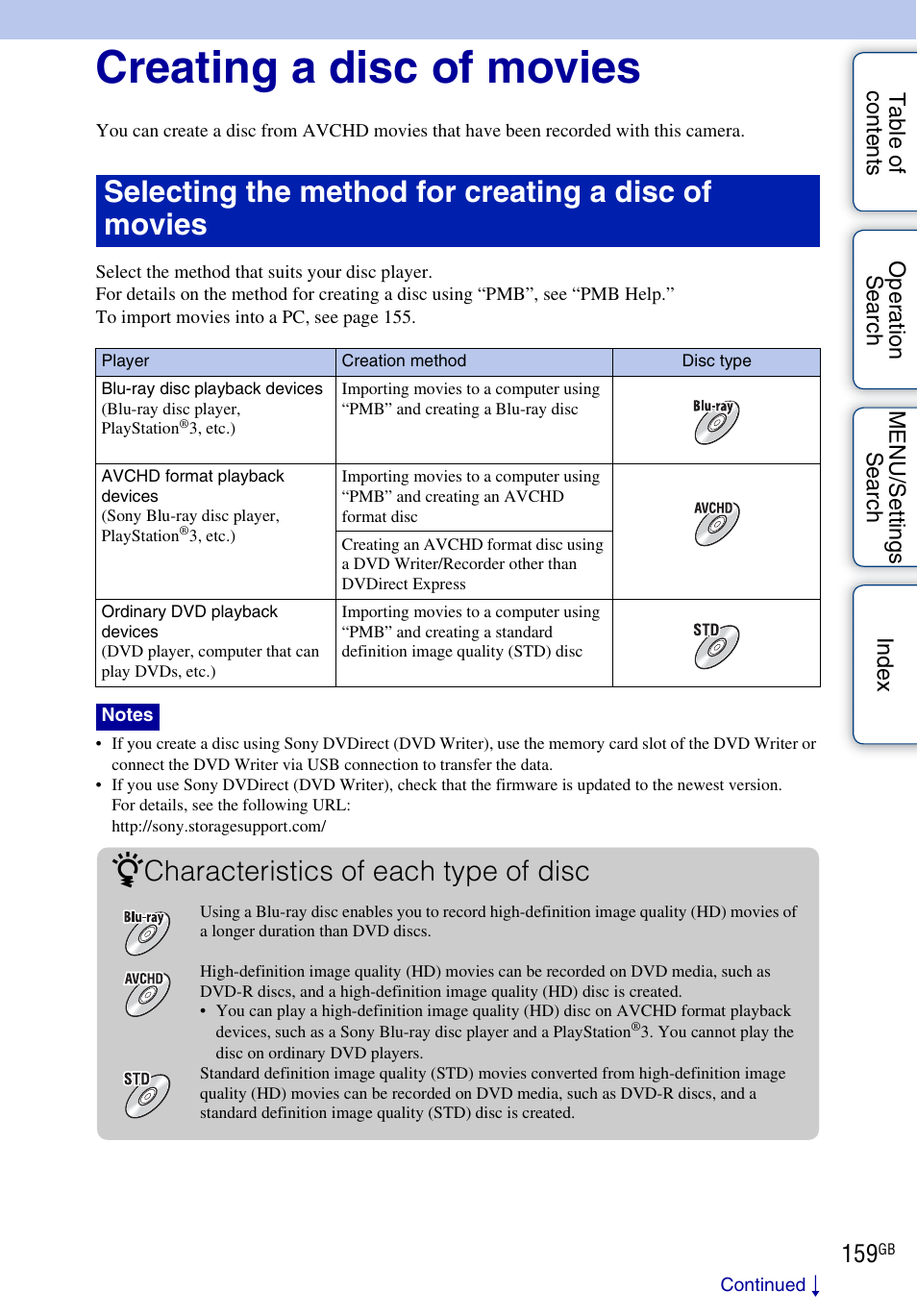 Creating a disc of movies, Selecting the method for creating a disc of movies, Characteristics of each type of disc | Sony DSC-TX9 User Manual | Page 159 / 190