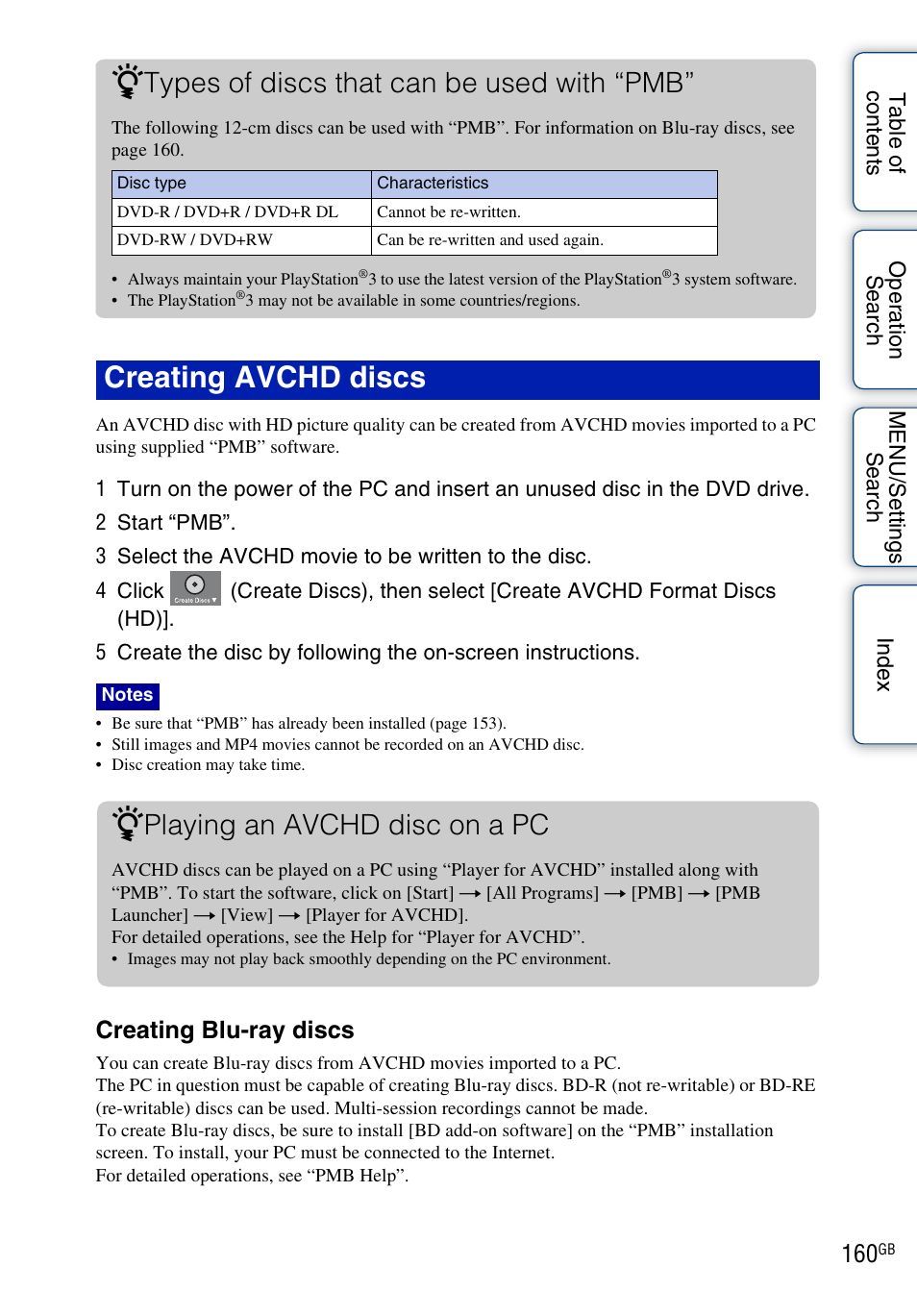 Creating avchd discs, Types of discs that can be used with “pmb, Playing an avchd disc on a pc | Creating blu-ray discs | Sony DSC-TX9 User Manual | Page 160 / 190