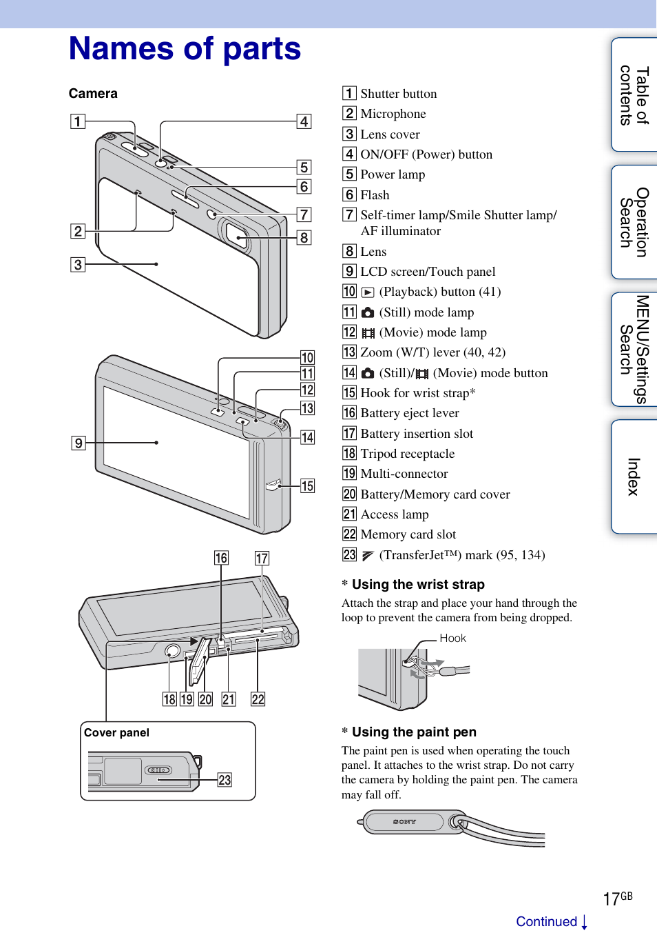 Names of parts | Sony DSC-TX9 User Manual | Page 17 / 190