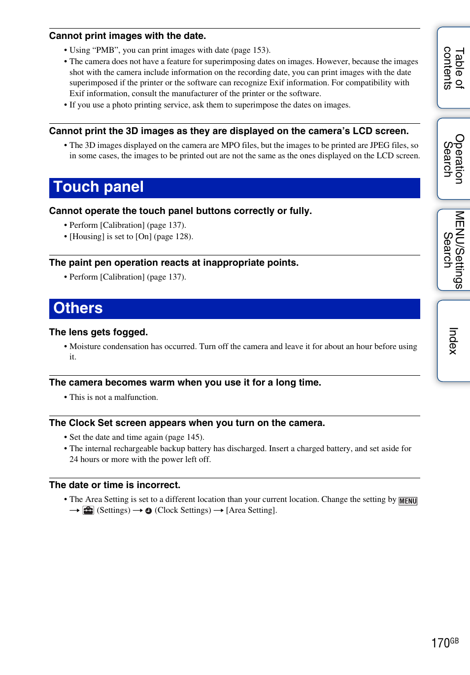 O 170, Touch panel others | Sony DSC-TX9 User Manual | Page 170 / 190