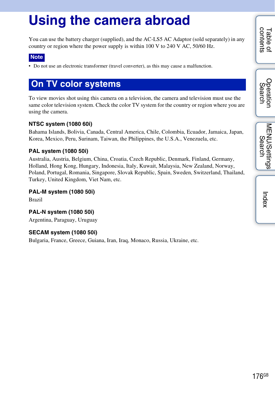 Using the camera abroad, On tv color systems | Sony DSC-TX9 User Manual | Page 176 / 190