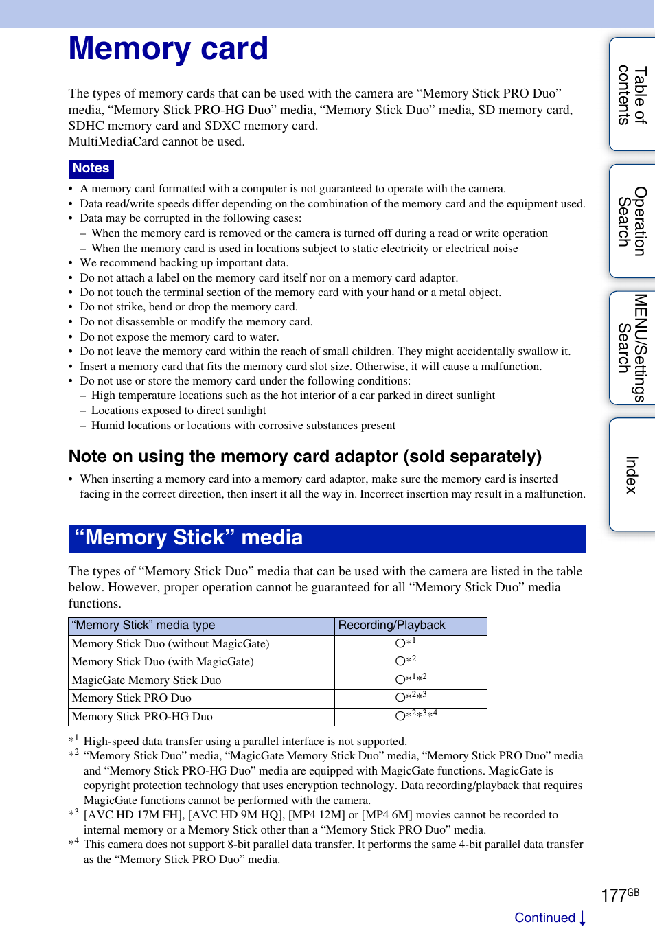 Memory card | Sony DSC-TX9 User Manual | Page 177 / 190