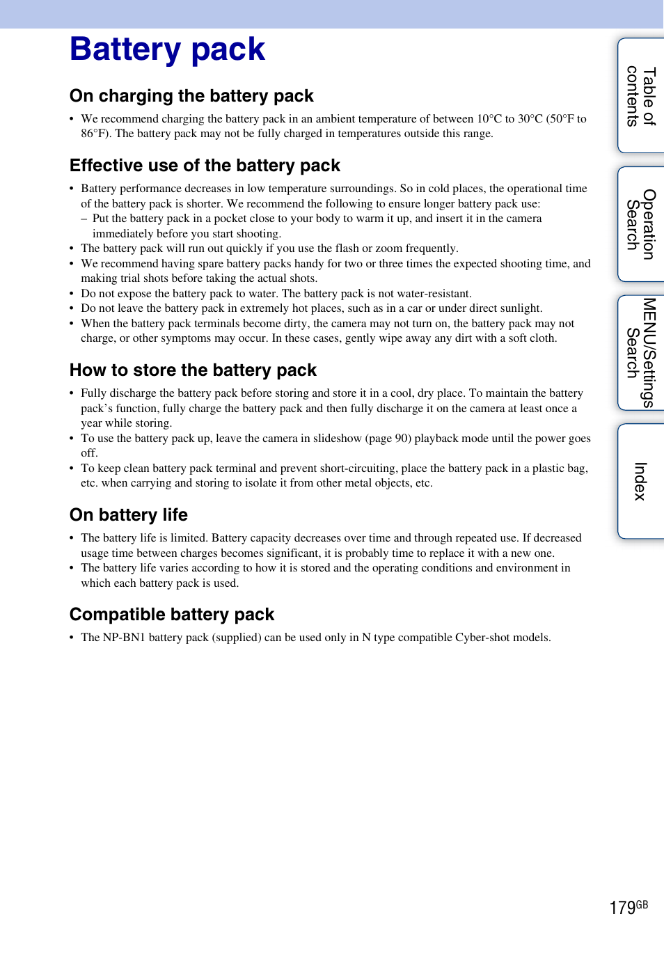 Battery pack, On charging the battery pack, Effective use of the battery pack | How to store the battery pack, On battery life, Compatible battery pack | Sony DSC-TX9 User Manual | Page 179 / 190