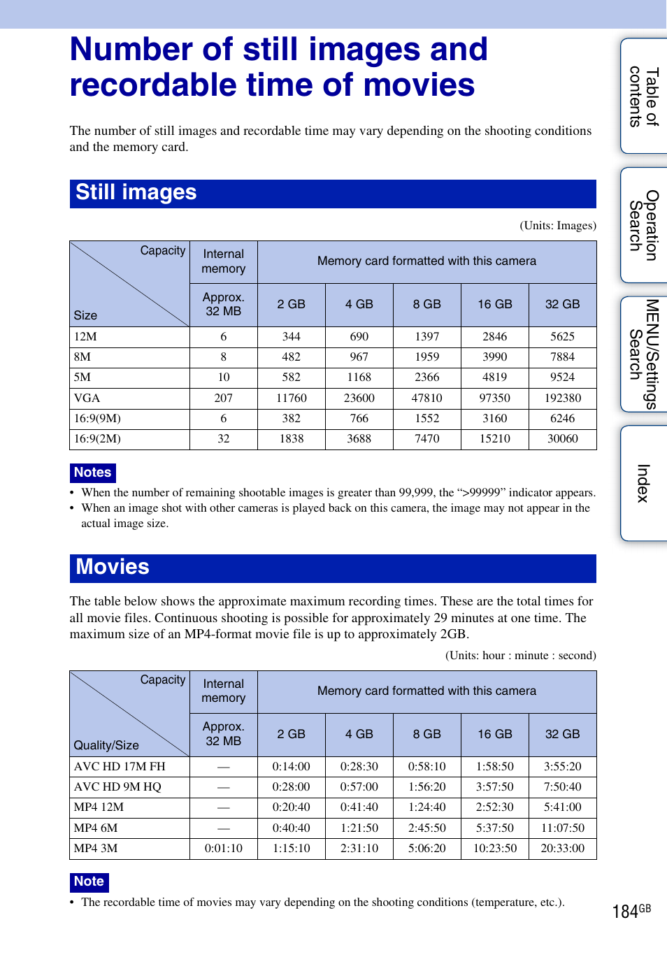 Still images, Movies | Sony DSC-TX9 User Manual | Page 184 / 190