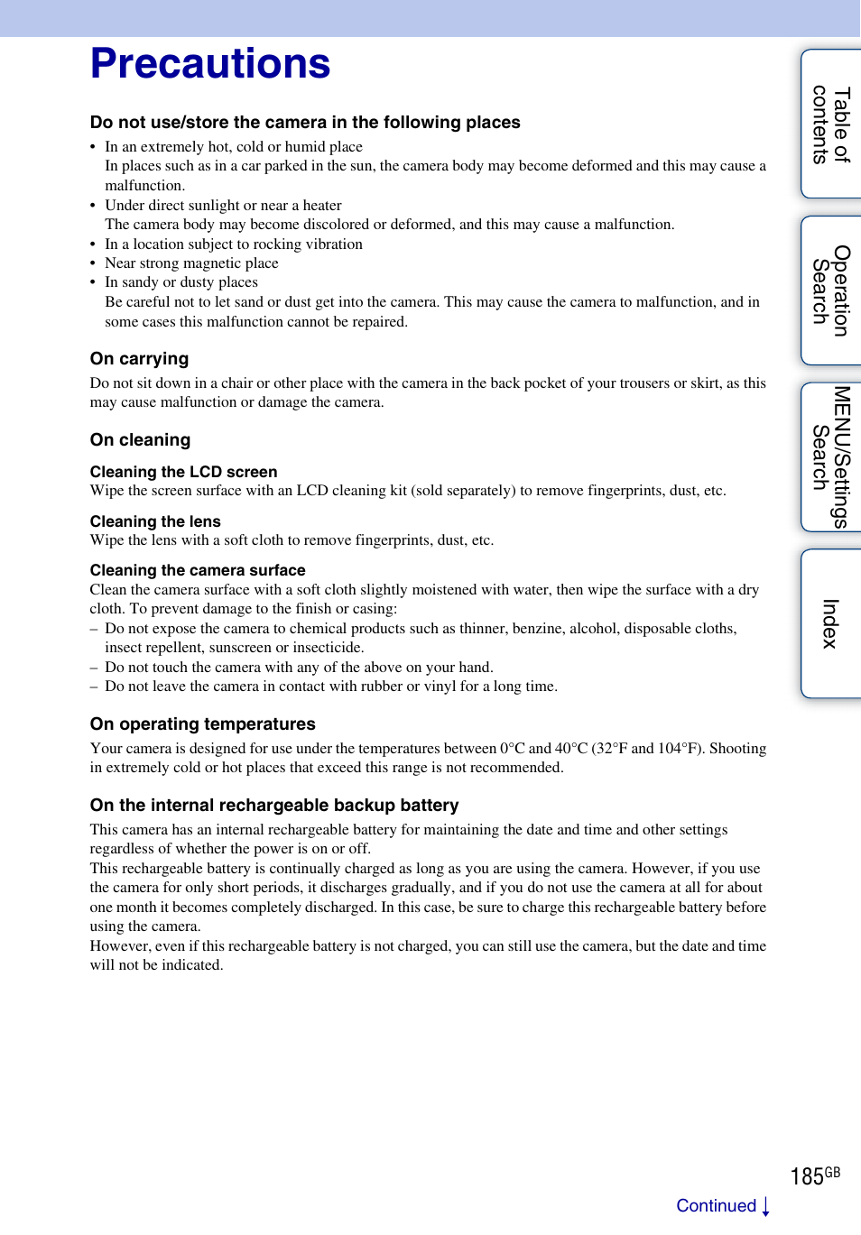 Precautions | Sony DSC-TX9 User Manual | Page 185 / 190