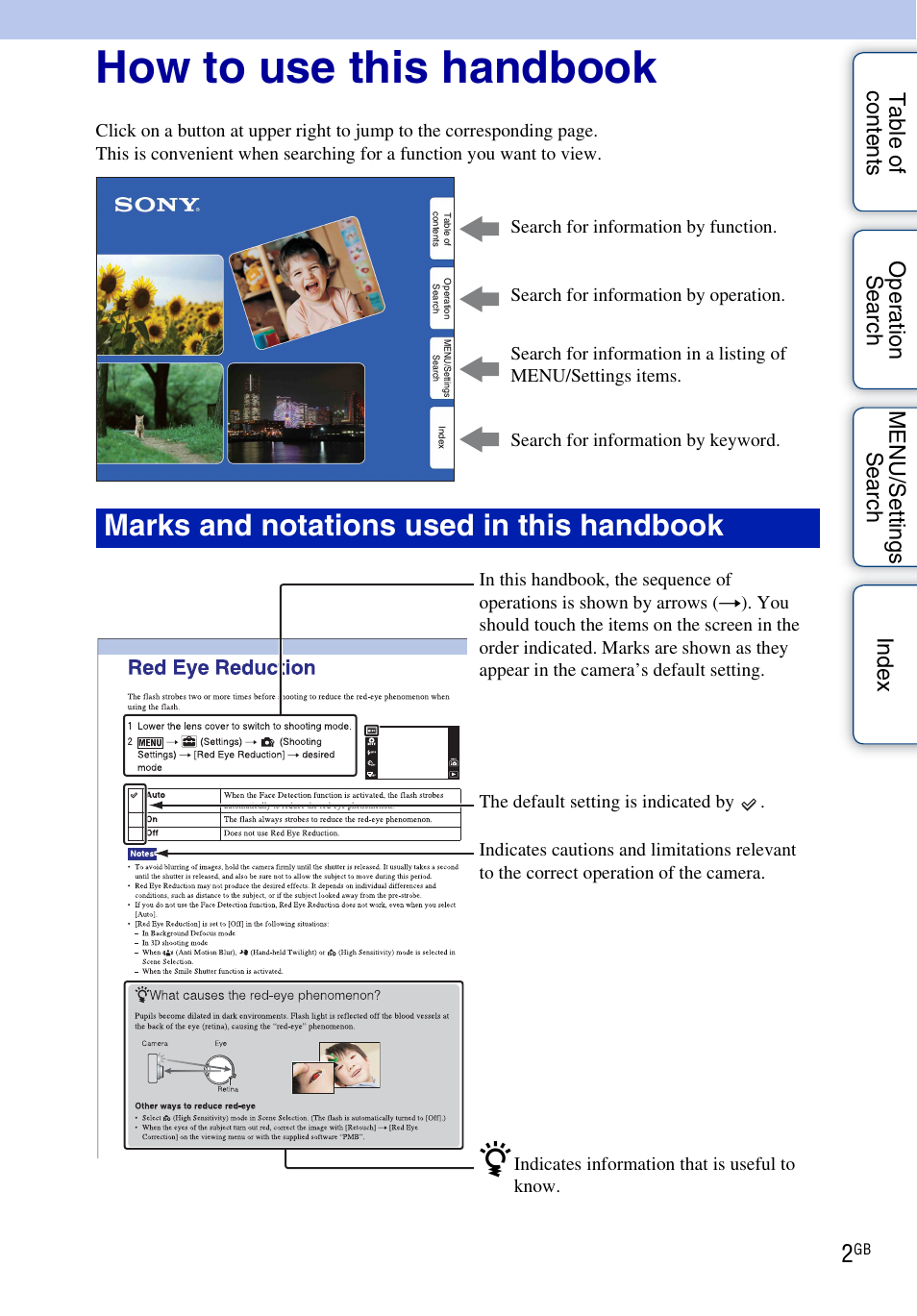 How to use this handbook, Marks and notations used in this handbook | Sony DSC-TX9 User Manual | Page 2 / 190