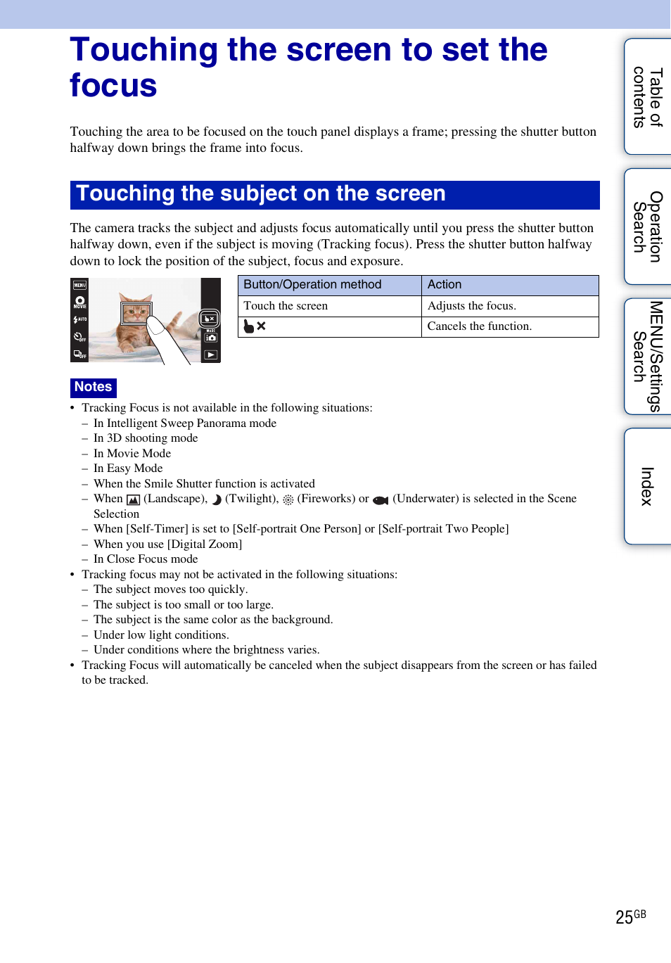 Touching the screen to set the focus, Touching the subject on the screen | Sony DSC-TX9 User Manual | Page 25 / 190