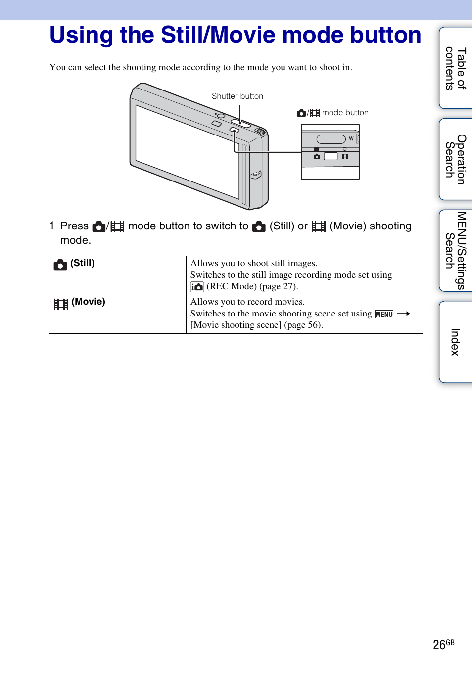 Using the still/movie mode button | Sony DSC-TX9 User Manual | Page 26 / 190