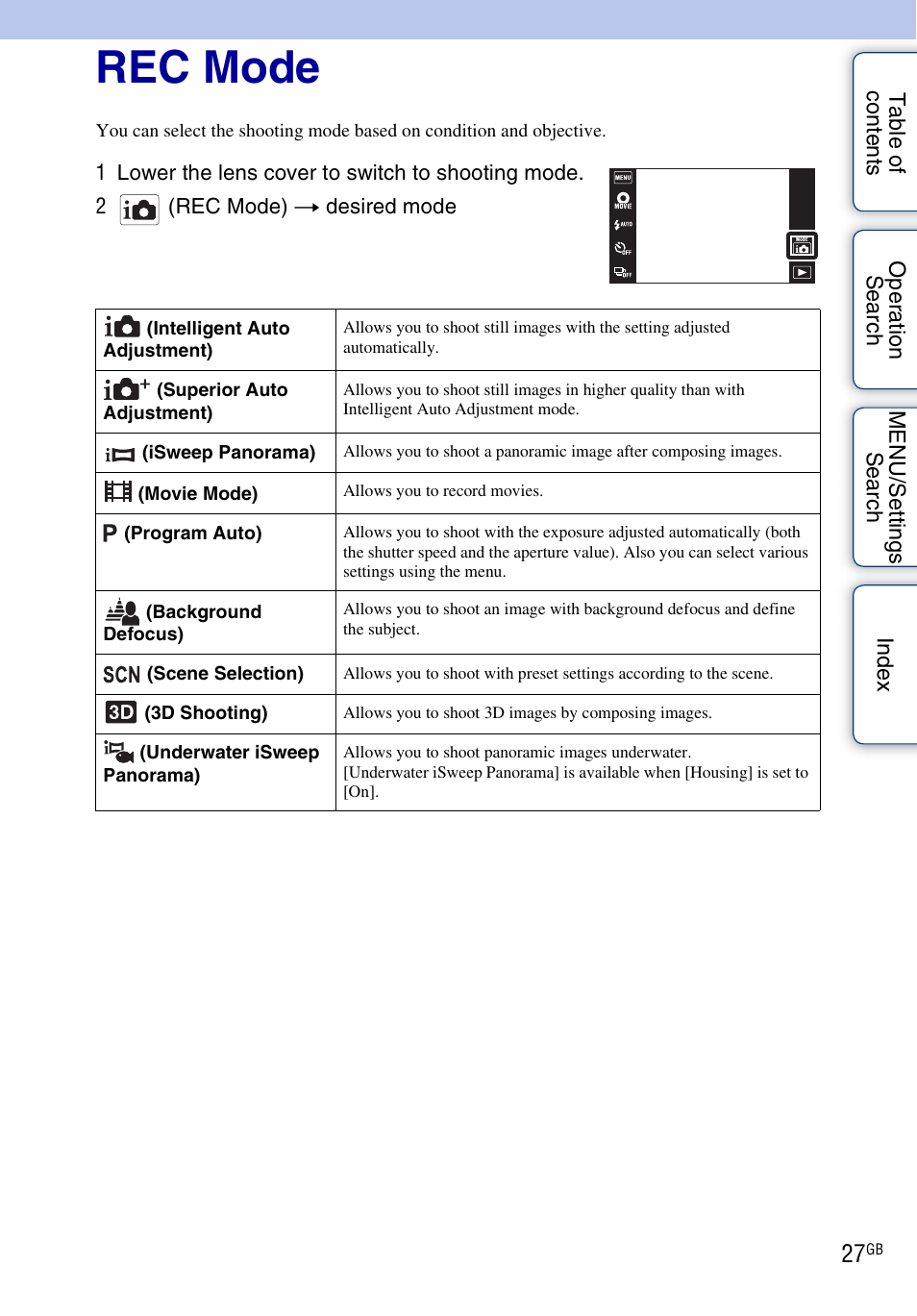 Rec mode | Sony DSC-TX9 User Manual | Page 27 / 190