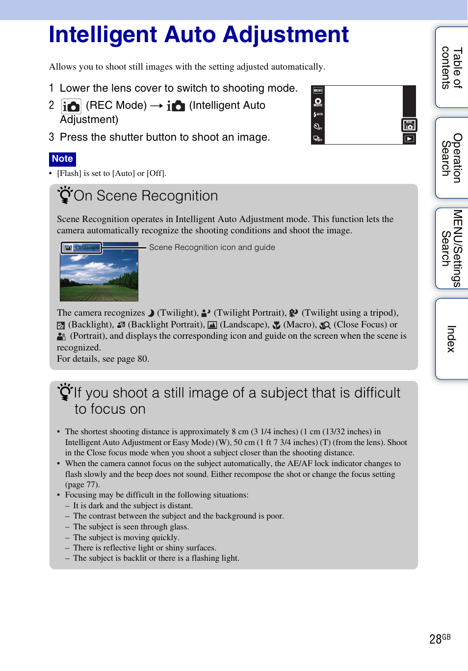 Intelligent auto adjustment, On scene recognition | Sony DSC-TX9 User Manual | Page 28 / 190