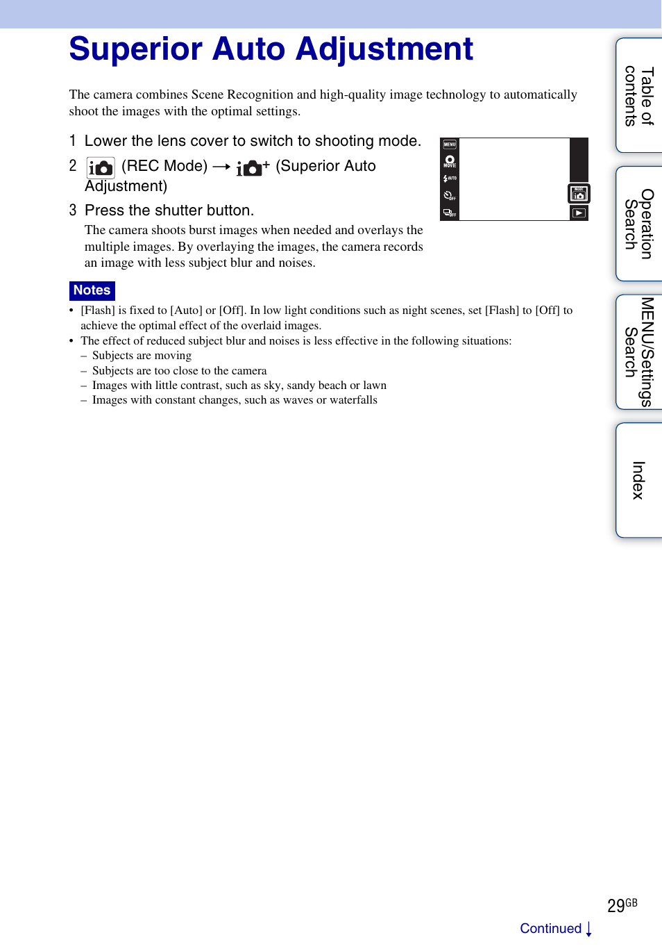 Superior auto adjustment | Sony DSC-TX9 User Manual | Page 29 / 190