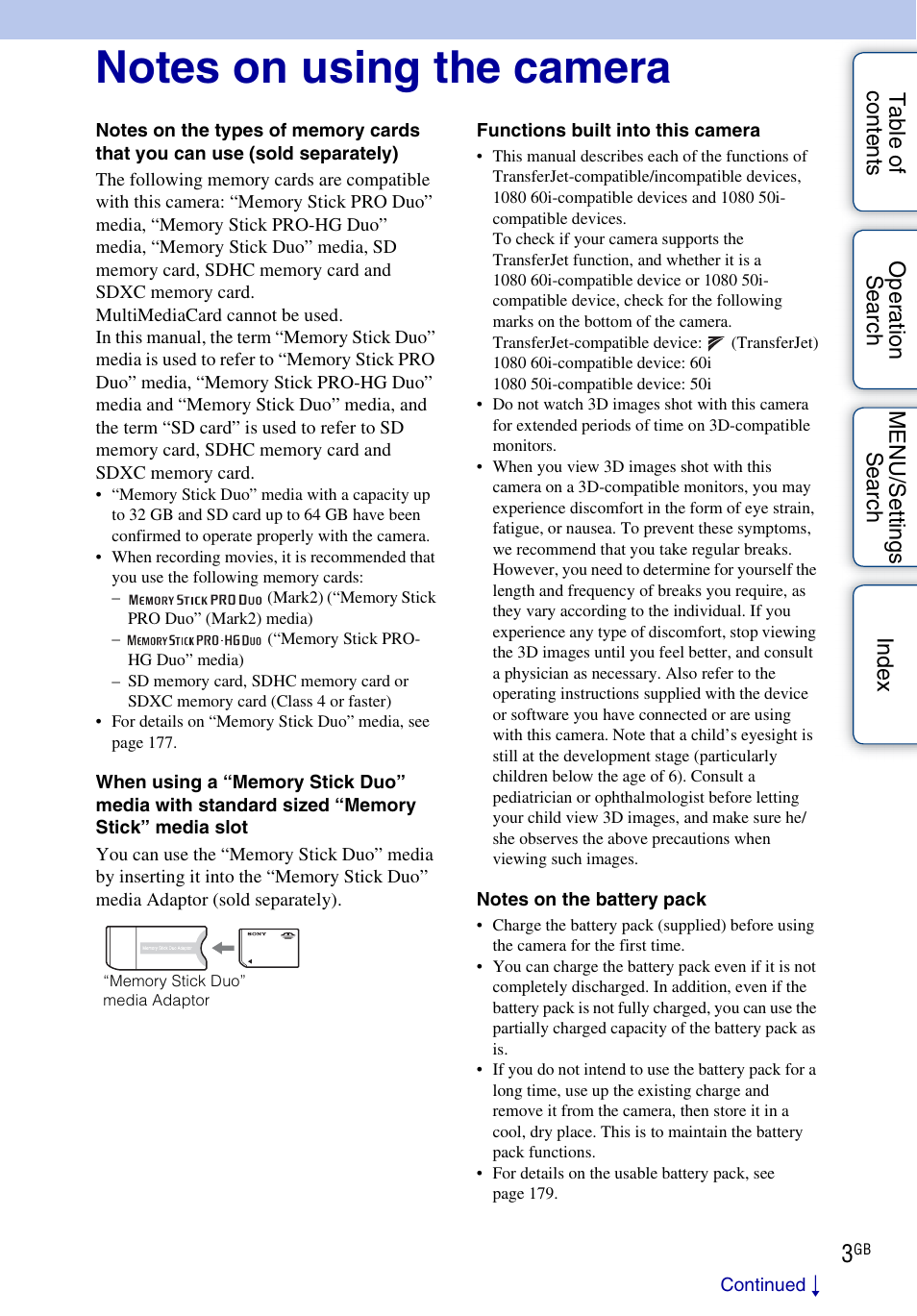 Notes on using the camera | Sony DSC-TX9 User Manual | Page 3 / 190