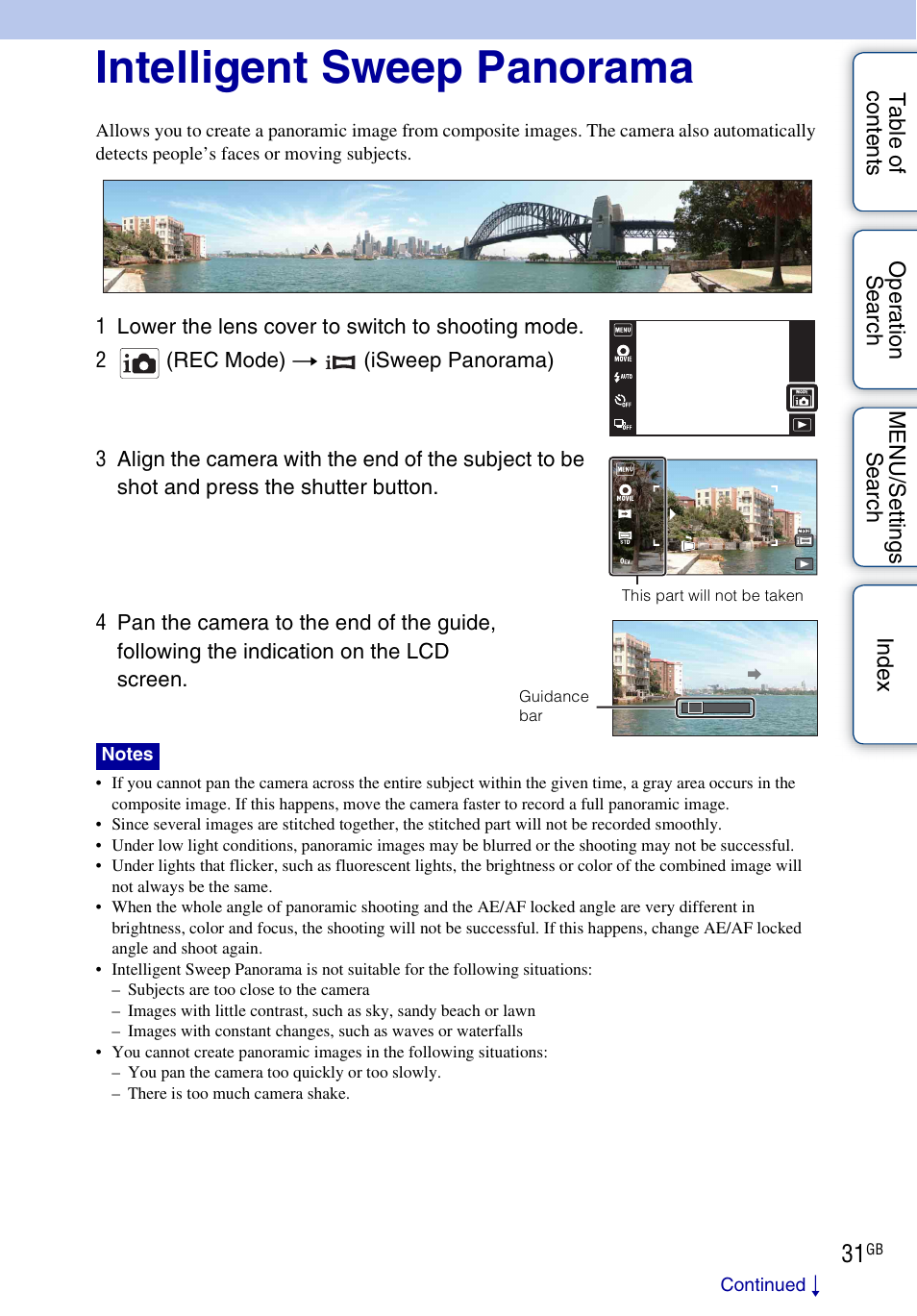 Intelligent sweep panorama | Sony DSC-TX9 User Manual | Page 31 / 190