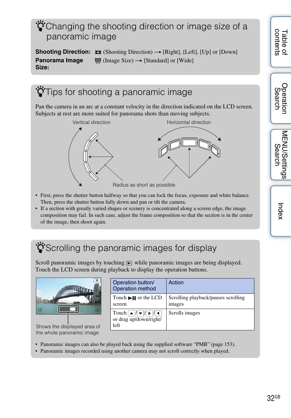 Tips for shooting a panoramic image, Scrolling the panoramic images for display | Sony DSC-TX9 User Manual | Page 32 / 190