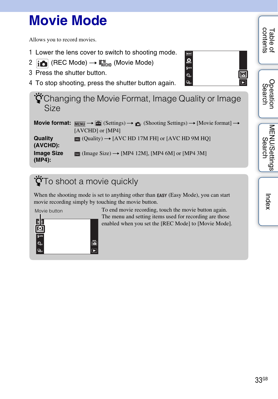 Movie mode | Sony DSC-TX9 User Manual | Page 33 / 190