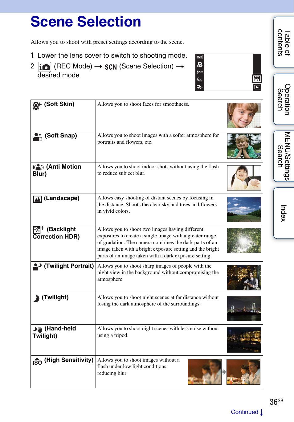 Scene selection | Sony DSC-TX9 User Manual | Page 36 / 190