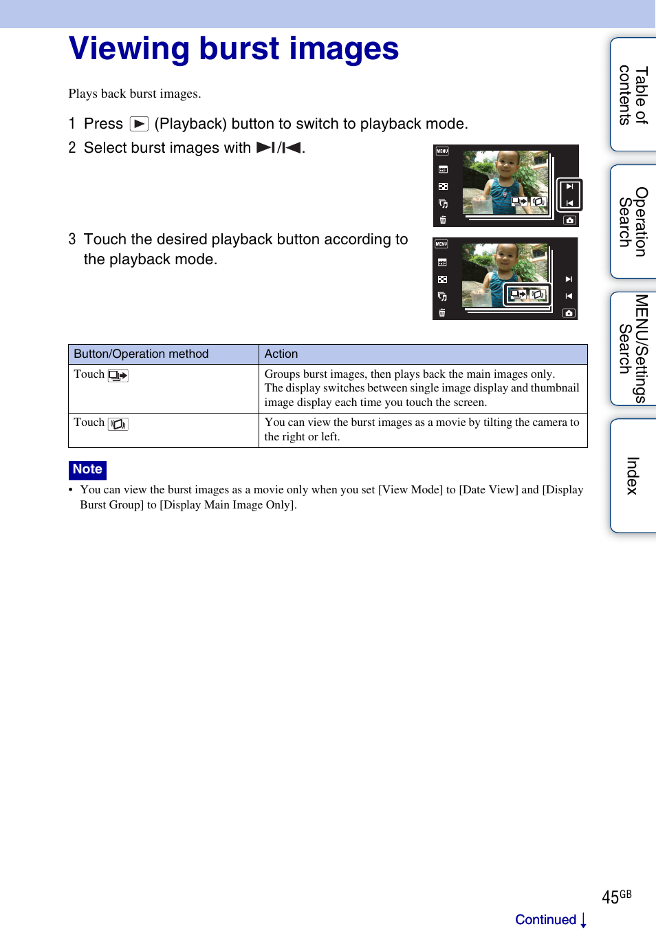 Viewing burst images | Sony DSC-TX9 User Manual | Page 45 / 190