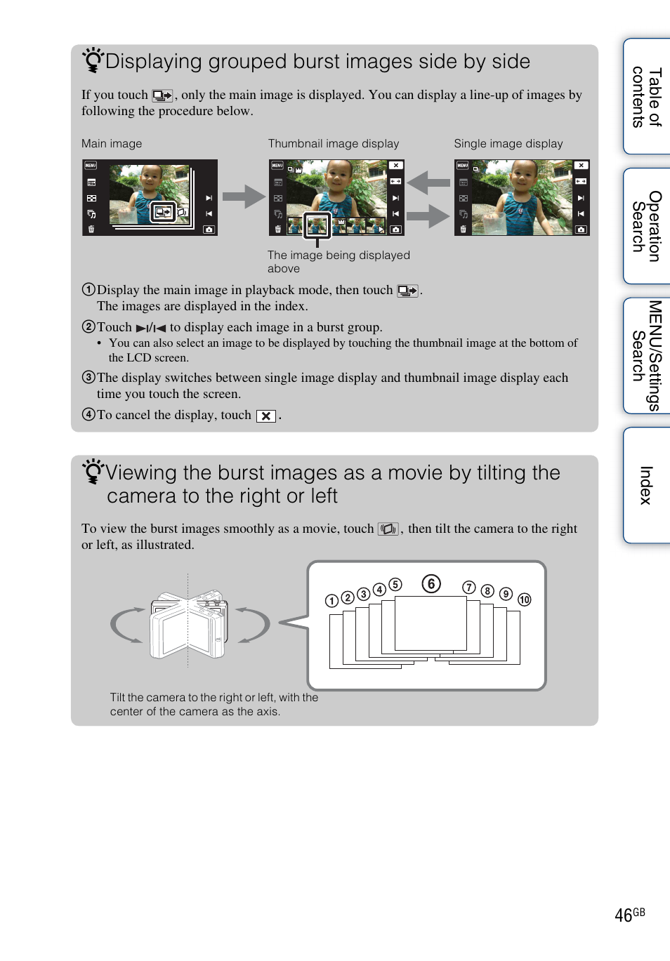 Displaying grouped burst images side by side | Sony DSC-TX9 User Manual | Page 46 / 190