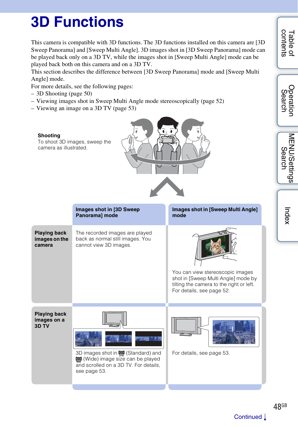 3d functions | Sony DSC-TX9 User Manual | Page 48 / 190