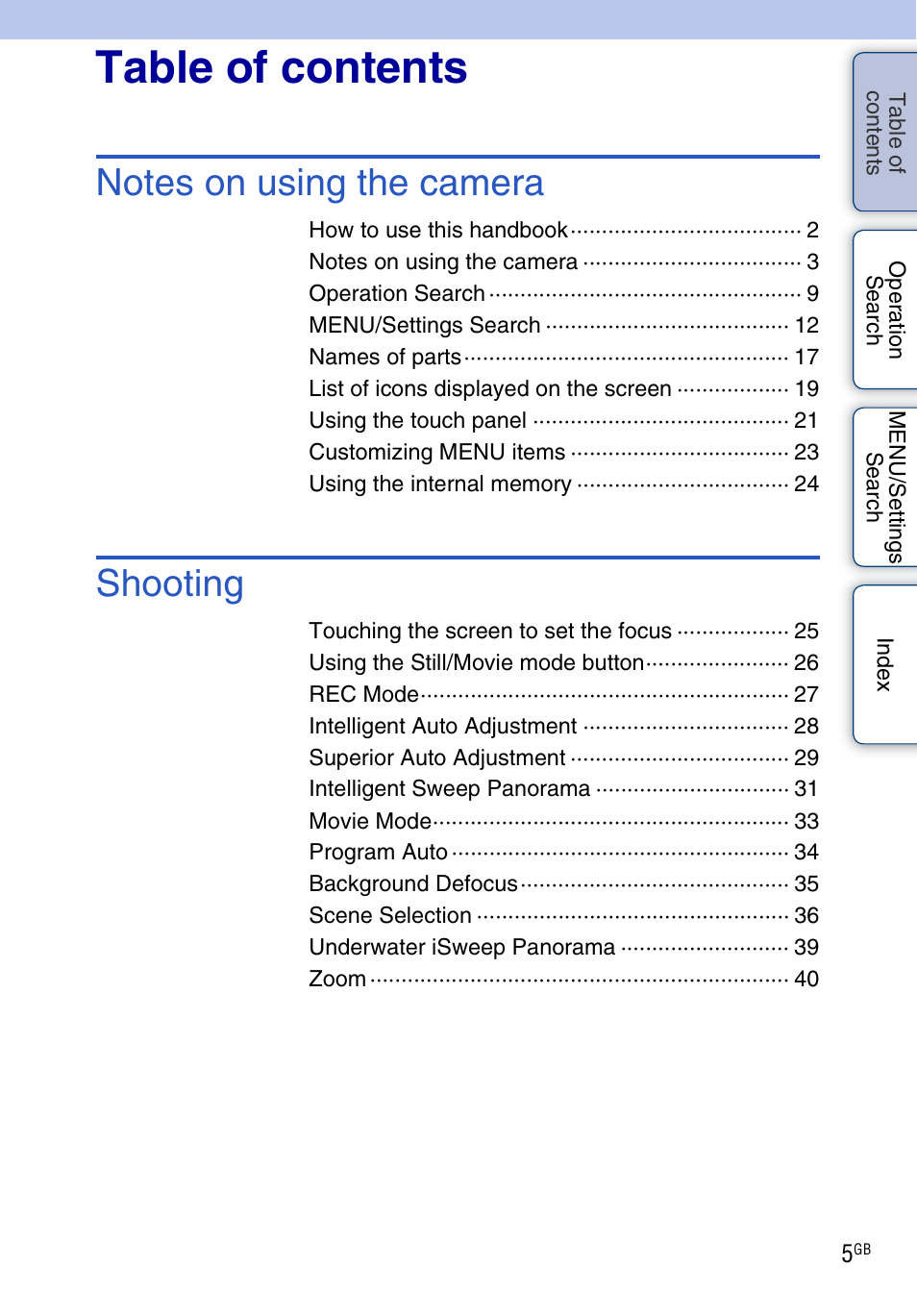 Sony DSC-TX9 User Manual | Page 5 / 190