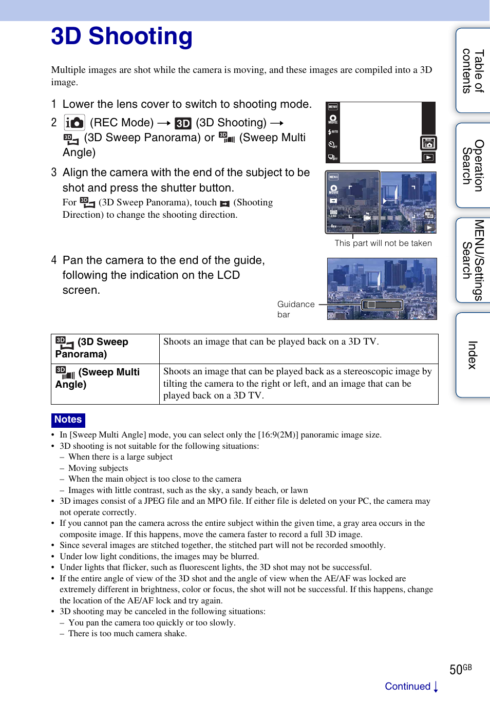 3d shooting | Sony DSC-TX9 User Manual | Page 50 / 190