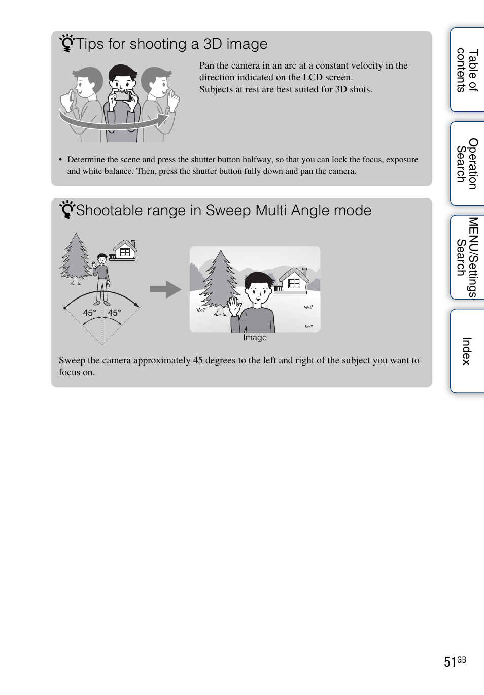 Tips for shooting a 3d image, Shootable range in sweep multi angle mode | Sony DSC-TX9 User Manual | Page 51 / 190