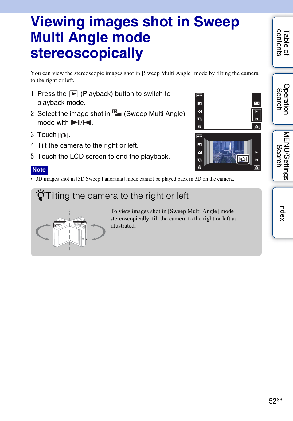 Tilting the camera to the right or left | Sony DSC-TX9 User Manual | Page 52 / 190