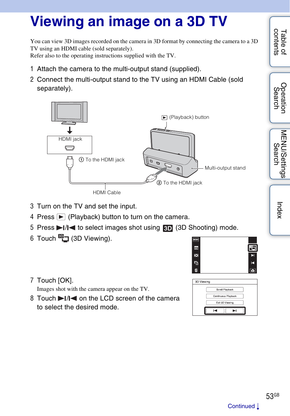 Viewing an image on a 3d tv, E 53 | Sony DSC-TX9 User Manual | Page 53 / 190