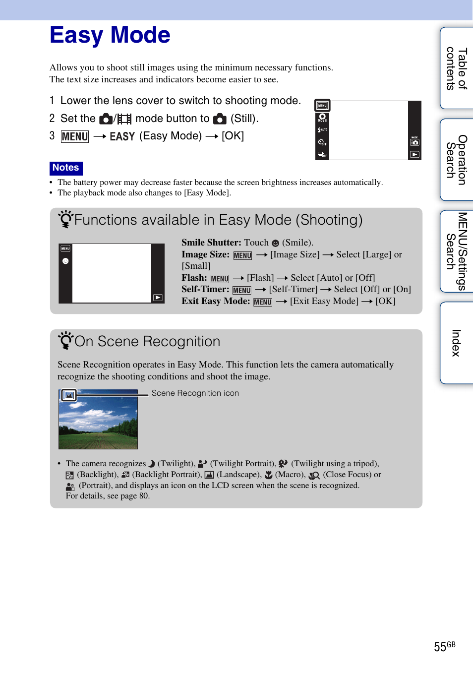 Easy mode, Functions available in easy mode (shooting), On scene recognition | Sony DSC-TX9 User Manual | Page 55 / 190