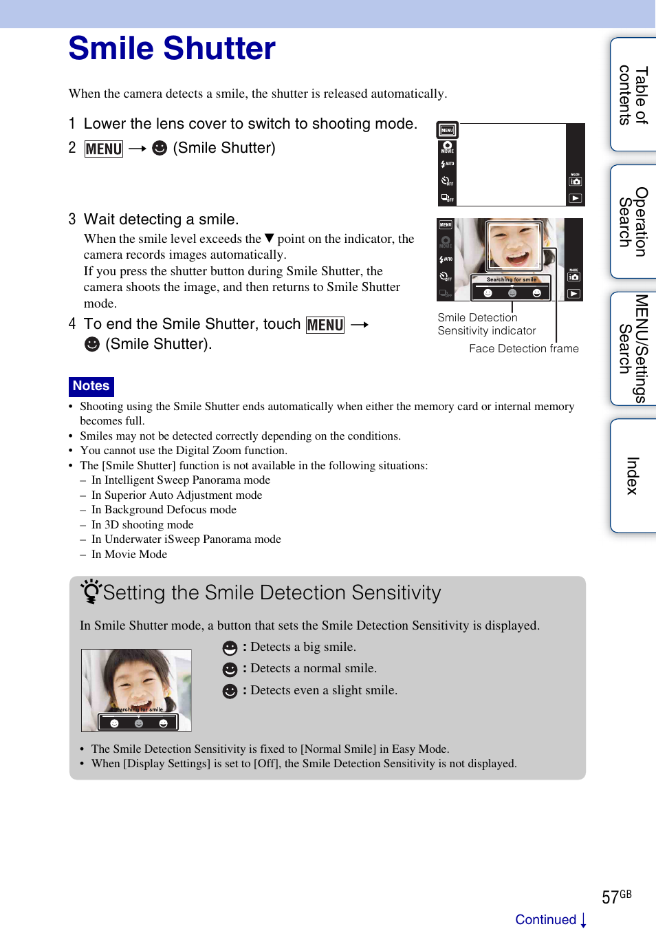 Smile shutter, Setting the smile detection sensitivity | Sony DSC-TX9 User Manual | Page 57 / 190