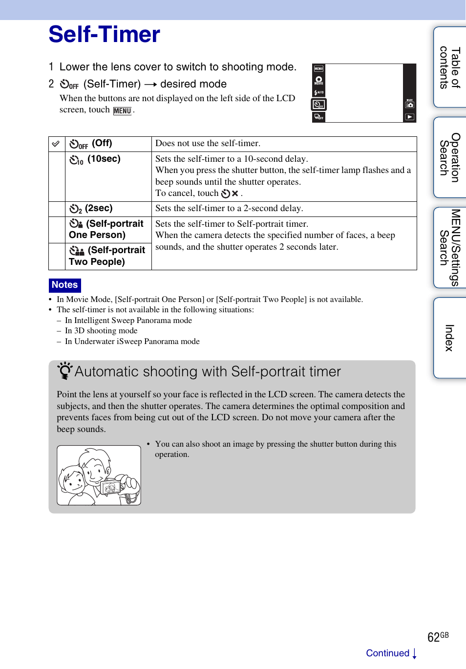 Self-timer, Automatic shooting with self-portrait timer | Sony DSC-TX9 User Manual | Page 62 / 190