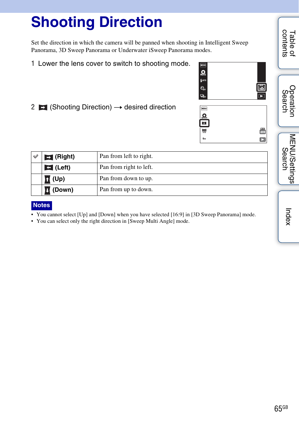 Shooting direction | Sony DSC-TX9 User Manual | Page 65 / 190