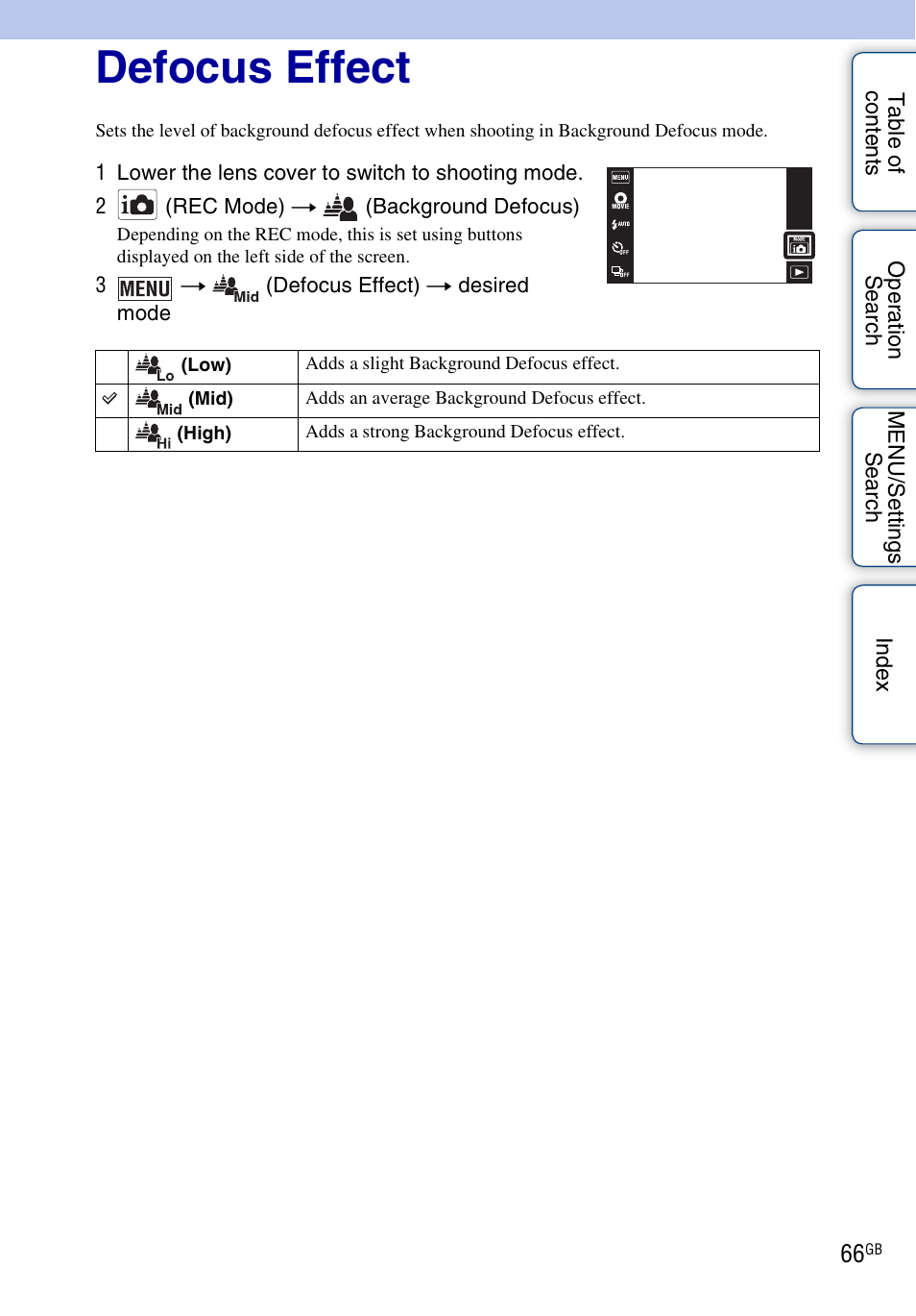 Defocus effect | Sony DSC-TX9 User Manual | Page 66 / 190