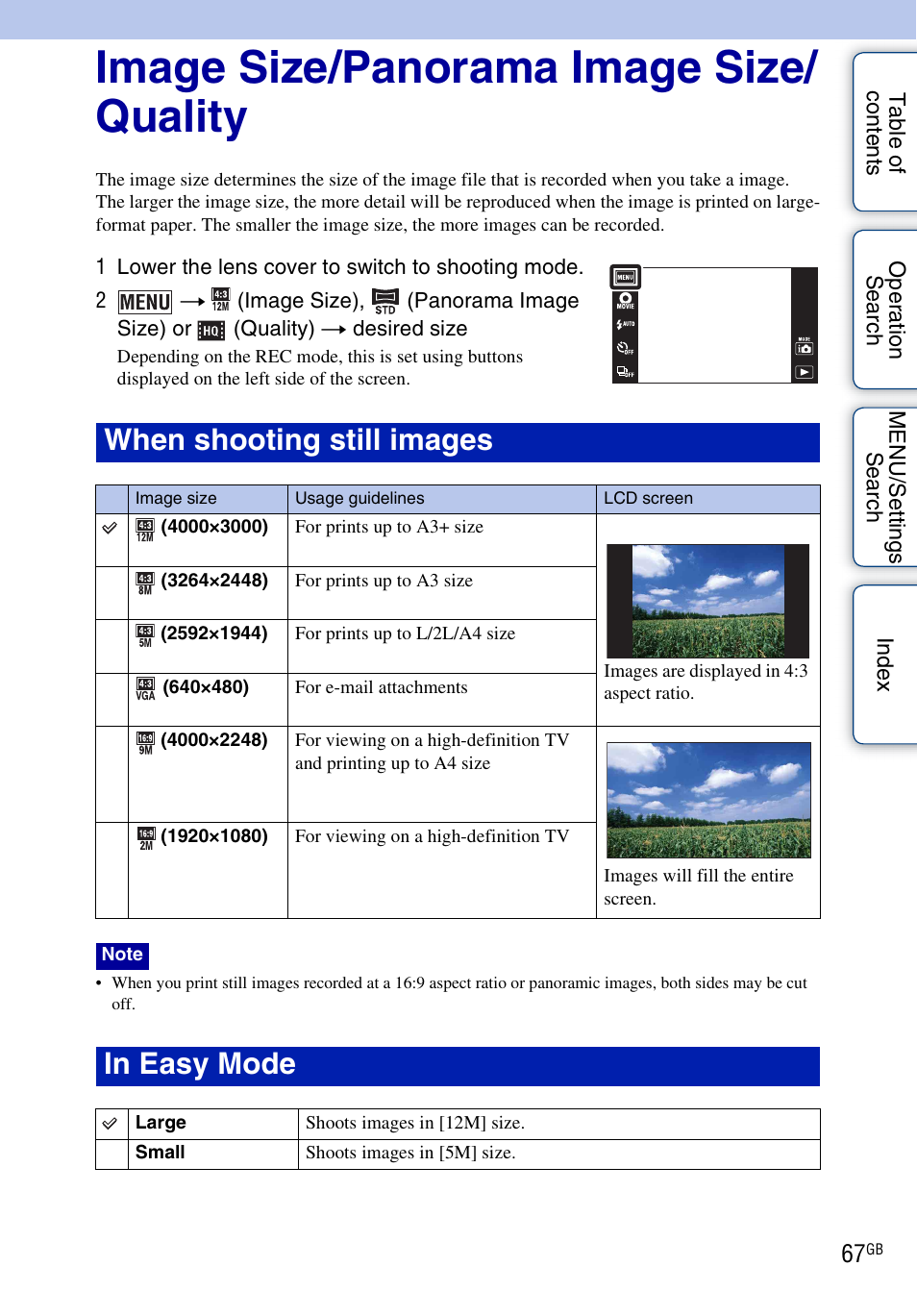 Image size/panorama image size/ quality, Image size/panorama image size/quality, When shooting still images | Sony DSC-TX9 User Manual | Page 67 / 190