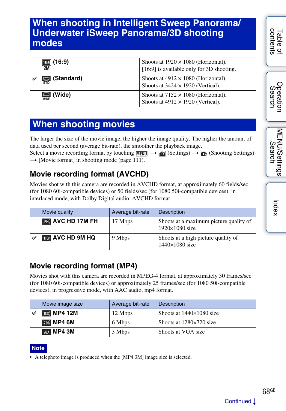 When shooting movies, Movie recording format (avchd), Movie recording format (mp4) | Sony DSC-TX9 User Manual | Page 68 / 190