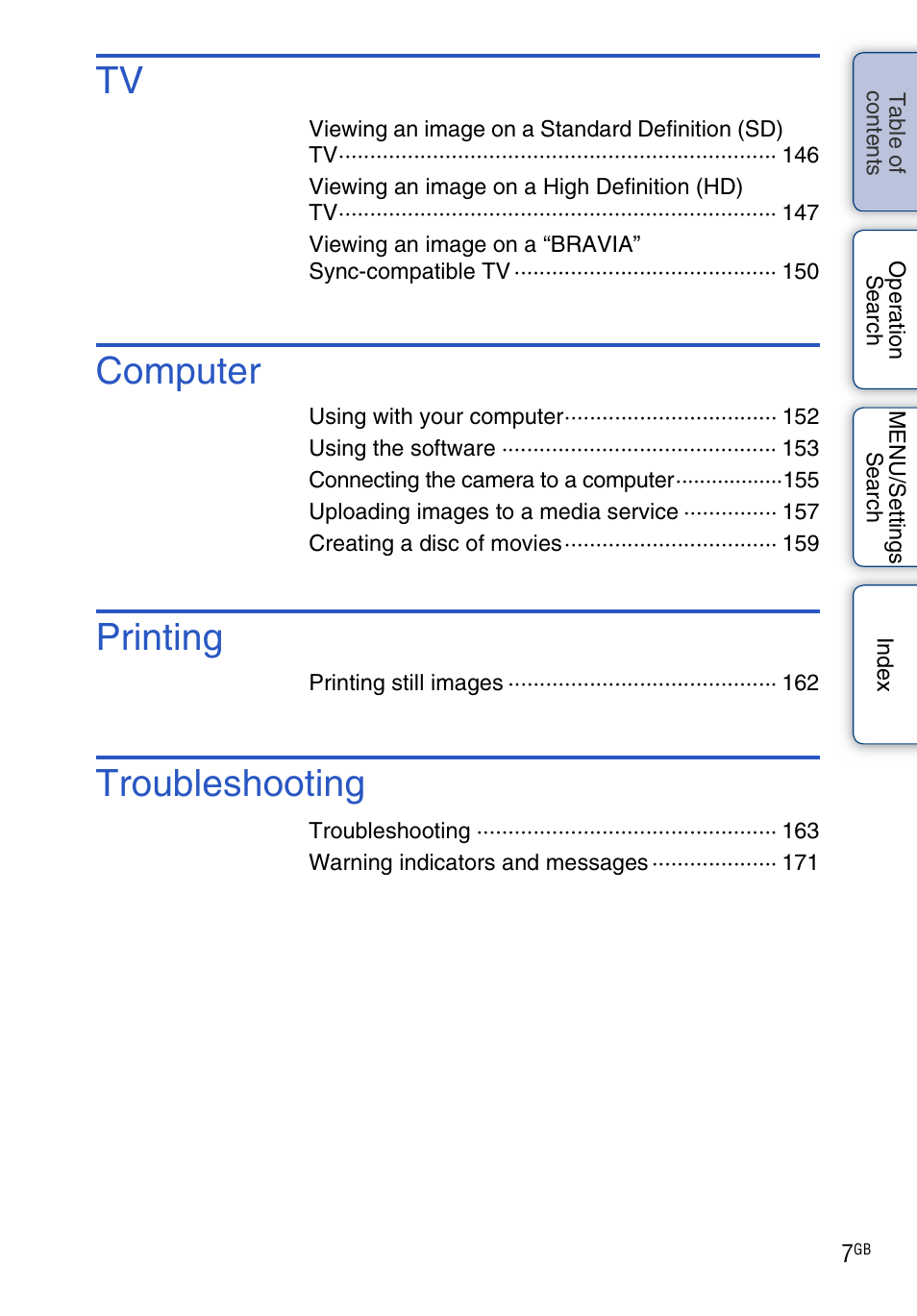 Computer, Printing, Troubleshooting | Sony DSC-TX9 User Manual | Page 7 / 190