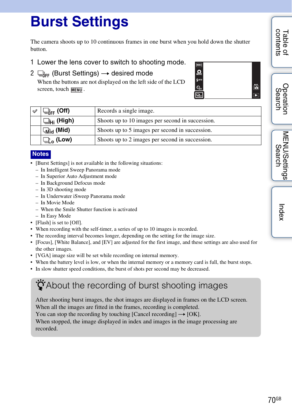 Burst settings, About the recording of burst shooting images | Sony DSC-TX9 User Manual | Page 70 / 190