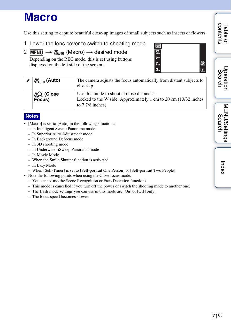 Macro | Sony DSC-TX9 User Manual | Page 71 / 190