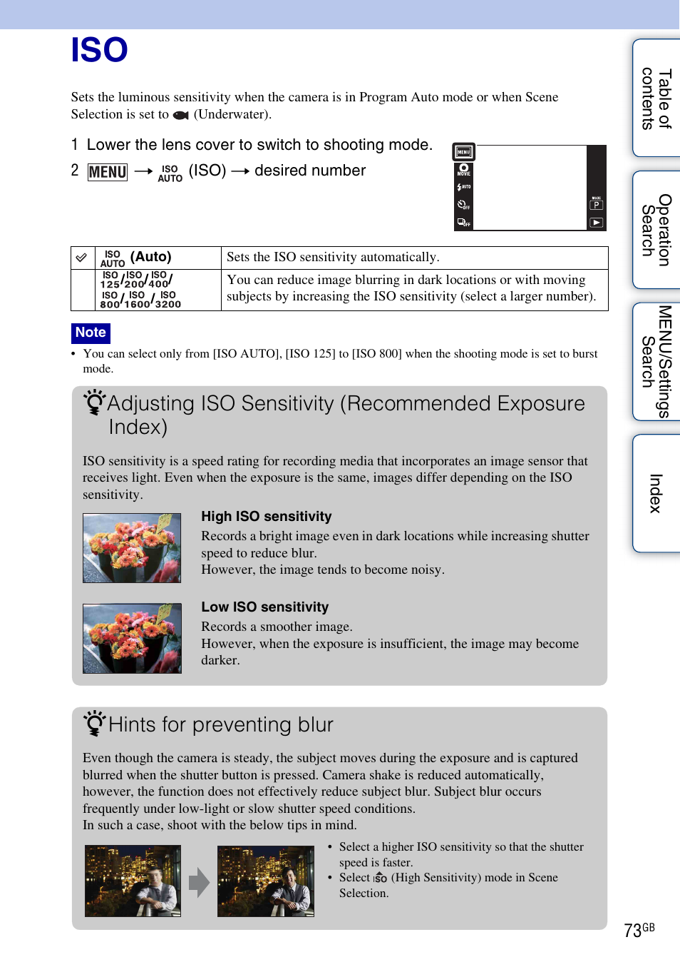 Hints for preventing blur | Sony DSC-TX9 User Manual | Page 73 / 190