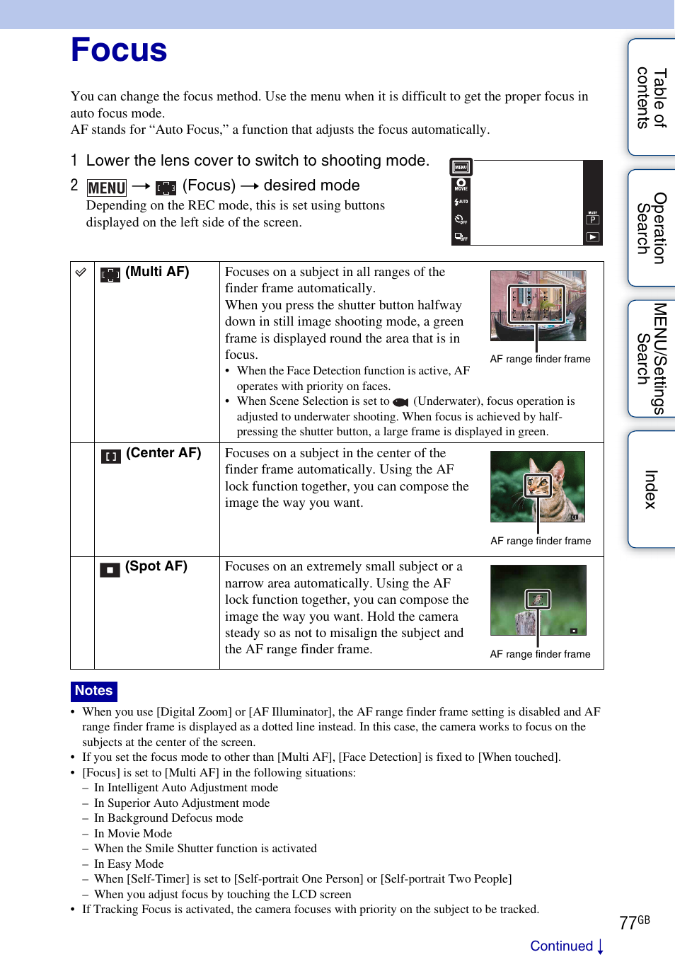 Focus | Sony DSC-TX9 User Manual | Page 77 / 190