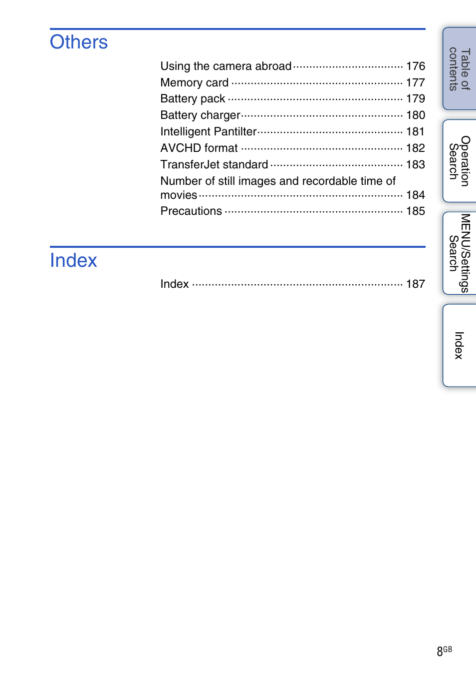 Others, Index | Sony DSC-TX9 User Manual | Page 8 / 190