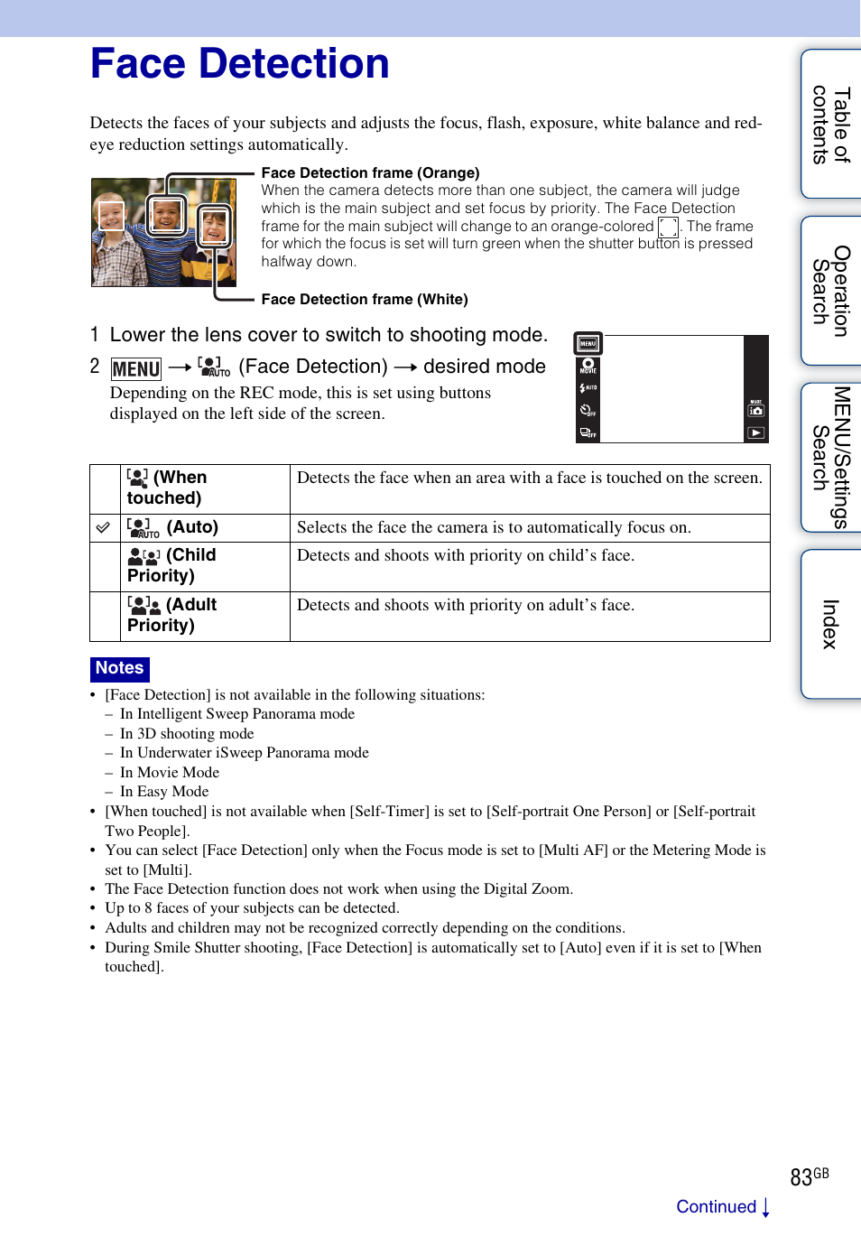 Face detection | Sony DSC-TX9 User Manual | Page 83 / 190