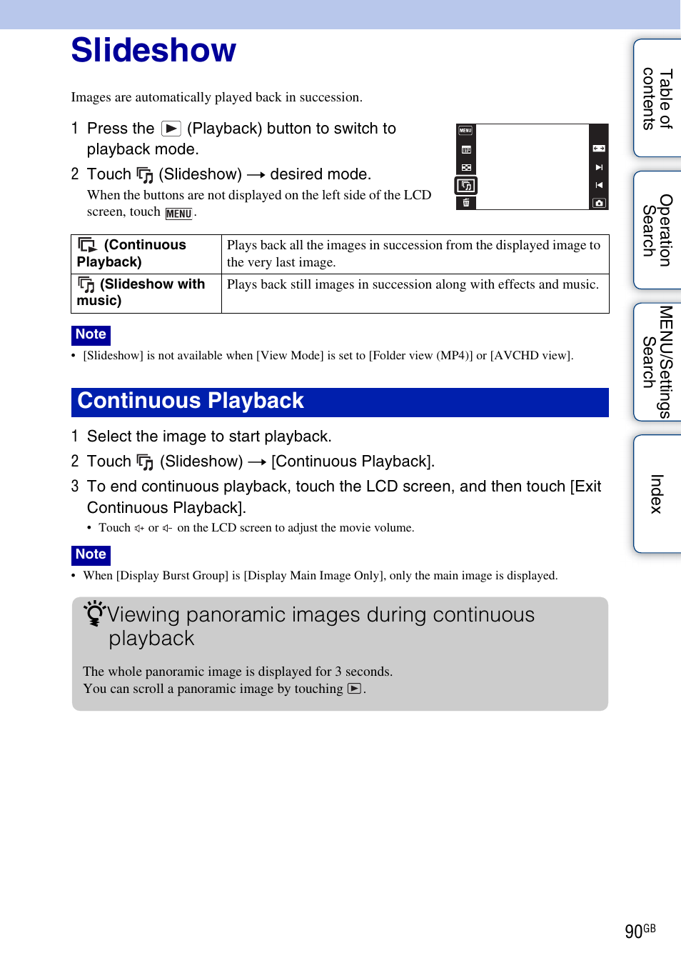 Slideshow, Continuous playback | Sony DSC-TX9 User Manual | Page 90 / 190