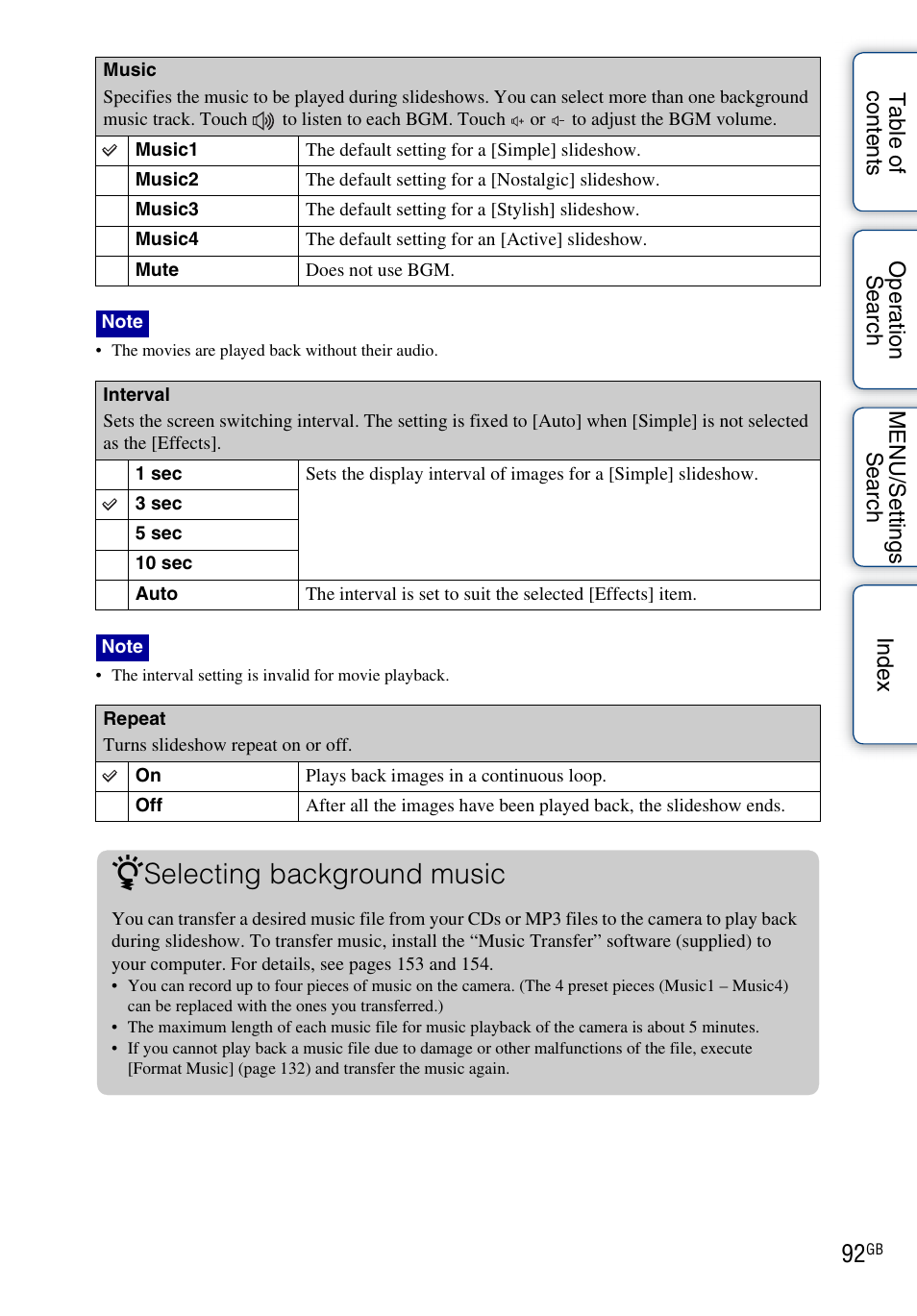 Selecting background music | Sony DSC-TX9 User Manual | Page 92 / 190