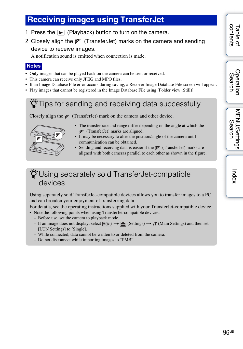 Receiving images using transferjet, Tips for sending and receiving data successfully | Sony DSC-TX9 User Manual | Page 96 / 190