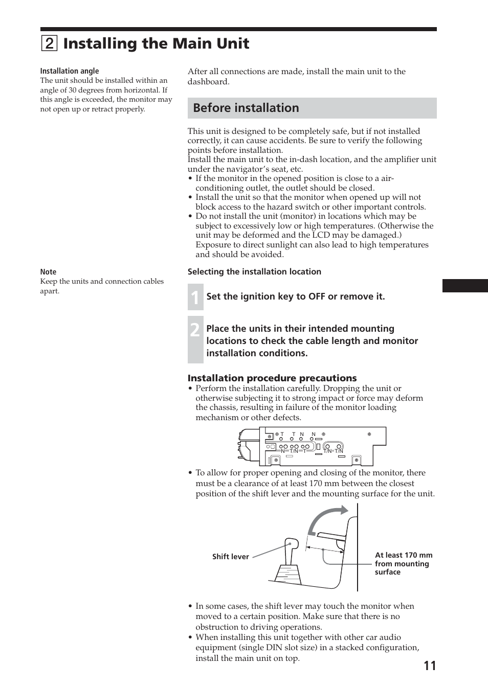 2 installing the main unit, Before installation, 2installing the main unit | Sony XAV-C1 User Manual | Page 11 / 44