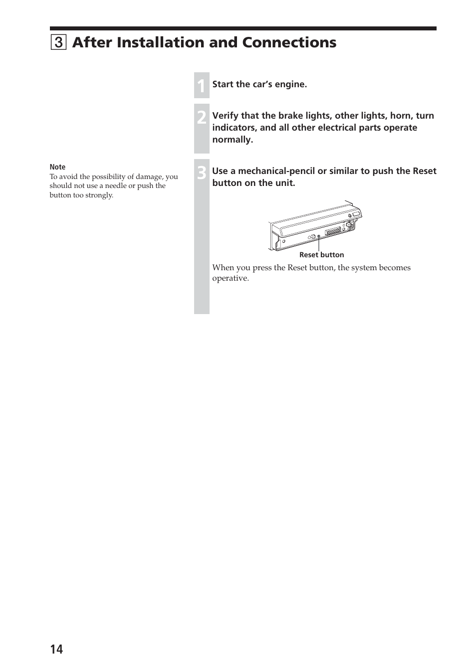 3 after installation and connections, 3after installation and connections | Sony XAV-C1 User Manual | Page 14 / 44